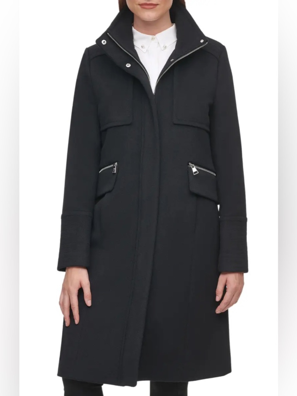 Karl Lagerfeld Black Long Trench Coat with Zip Pockets